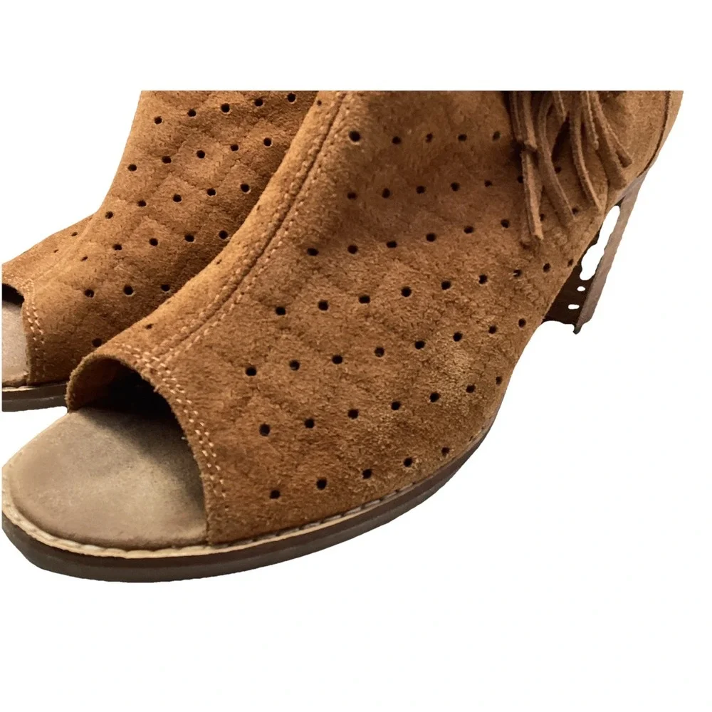 TOMS Majorca Cinnamon Brown Open Peep Toe Fringe Booties 3